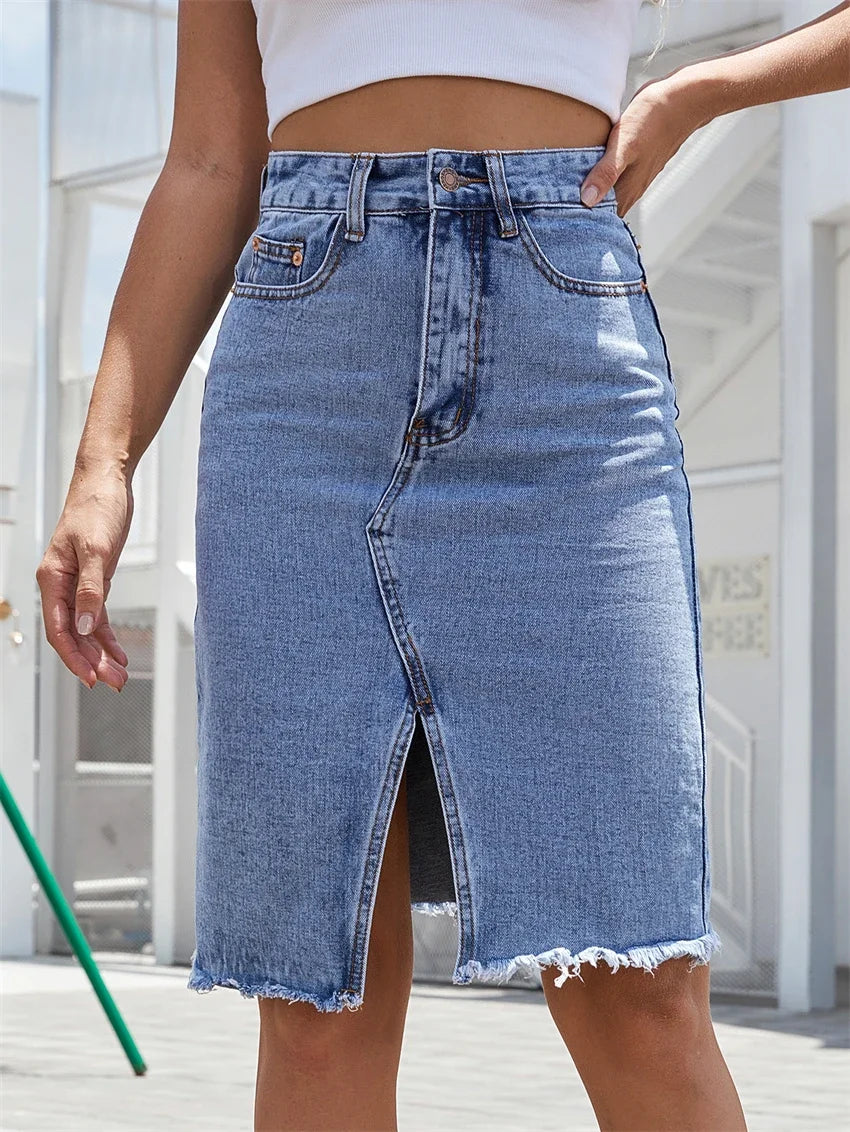 Women’s High-Waist Front Slit Denim Skirt