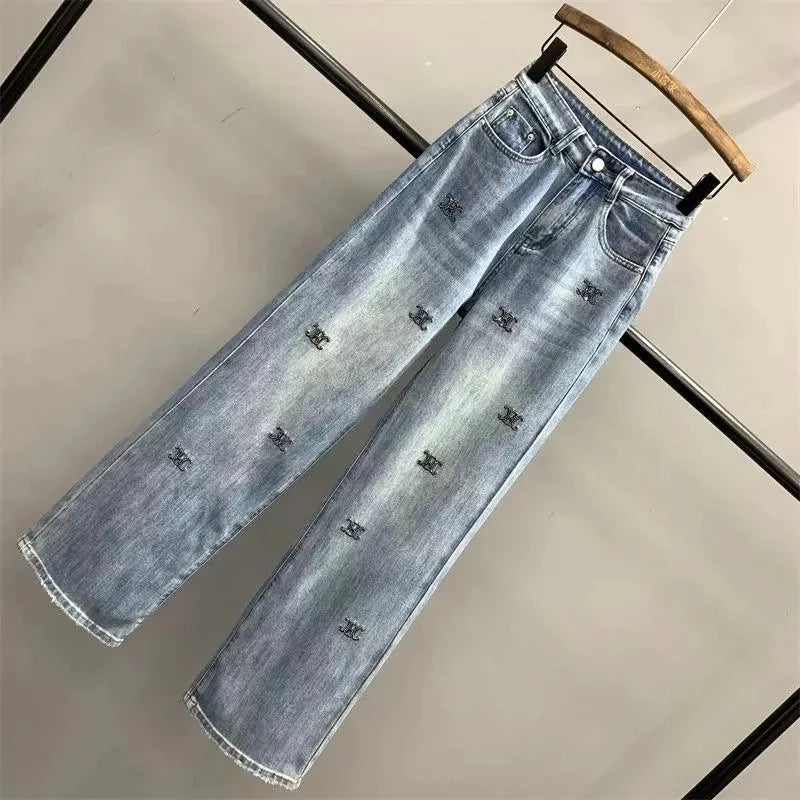 Women’s Light Blue Embroidered Wide-Leg Jeans
