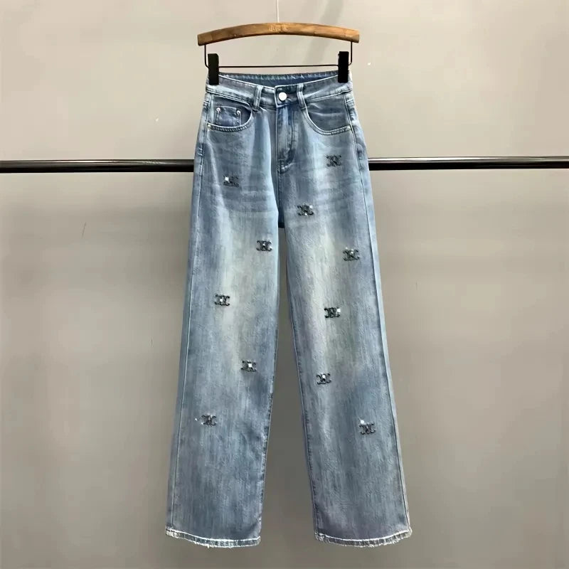 Women’s Light Blue Embroidered Wide-Leg Jeans