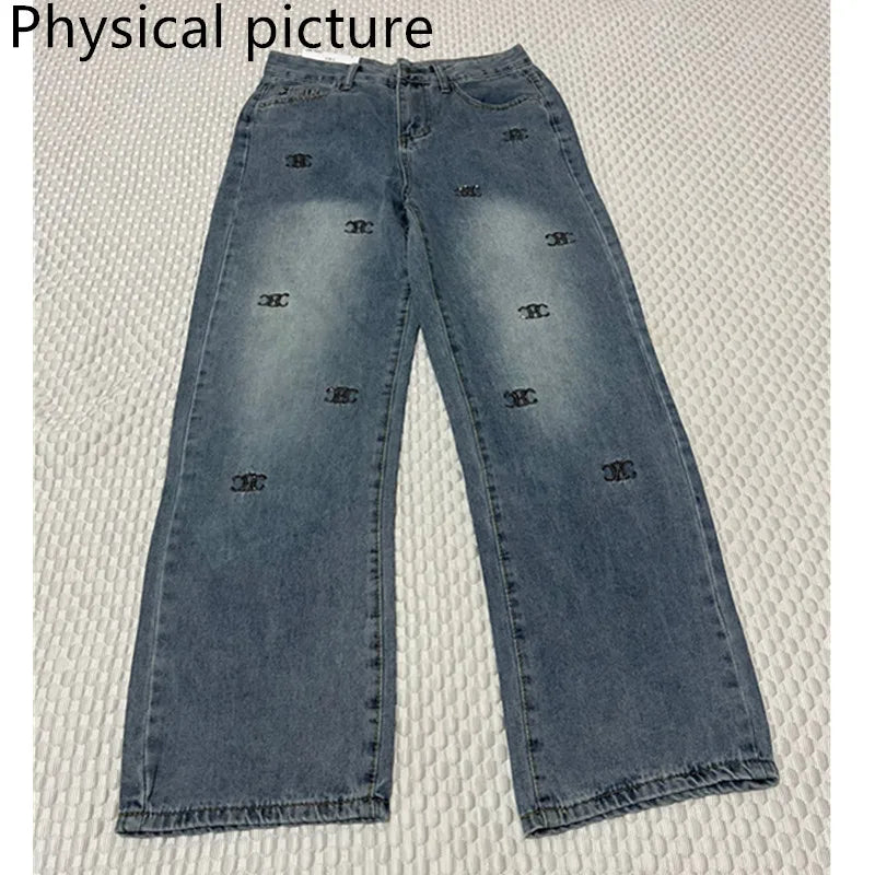 Women’s Light Blue Embroidered Wide-Leg Jeans