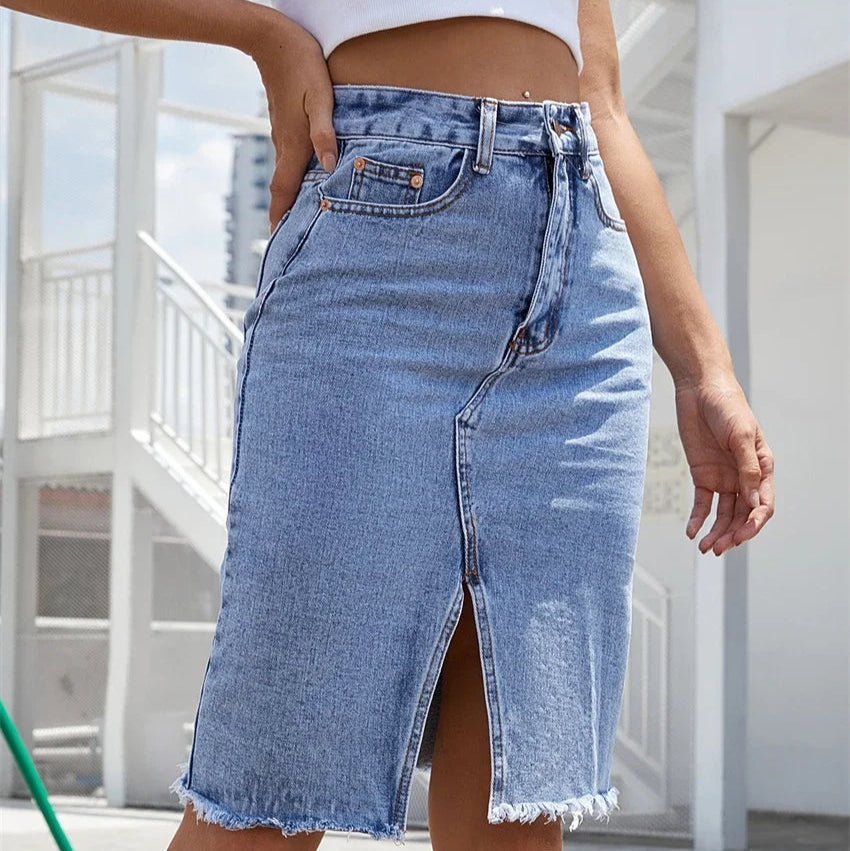 Women’s High-Waist Front Slit Denim Skirt