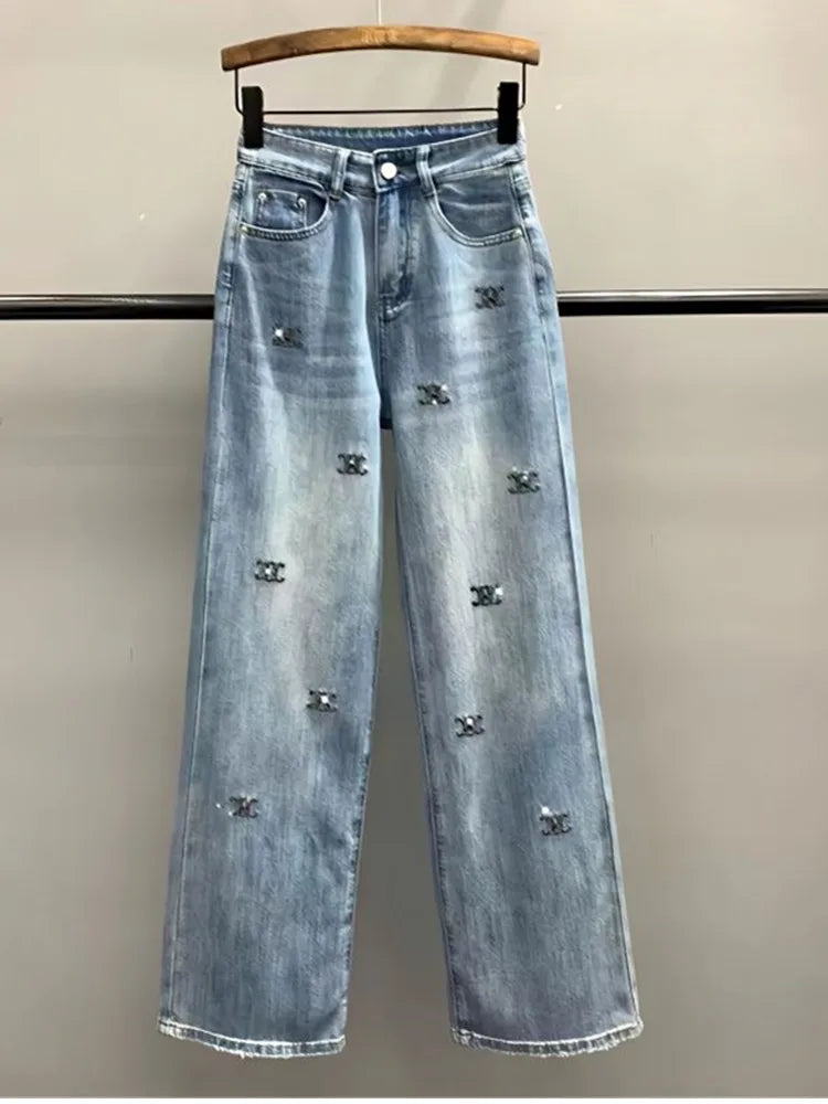 Women’s Light Blue Embroidered Wide-Leg Jeans