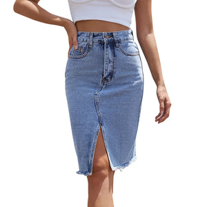 Women’s High-Waist Front Slit Denim Skirt